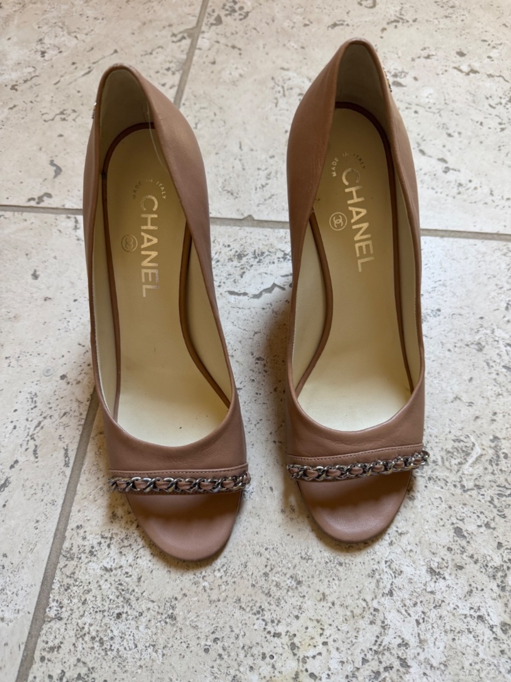 Chanel peep toe heels leather silver chain - Picture 5 of 6